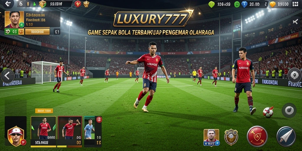 Screenshot gameplay LUXURY777 menunjukkan aksi sepak bola yang mendebarkan.