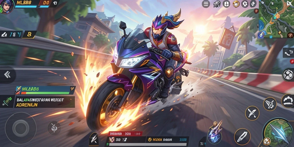 Tampilan gameplay seru dari MLBB8 dengan balapan motor.