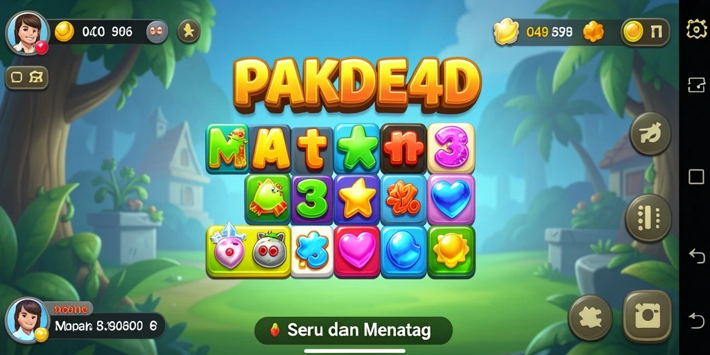 Tampilan screenshot utama PAKDE4D yang menunjukkan gameplay Match-3 yang seru.