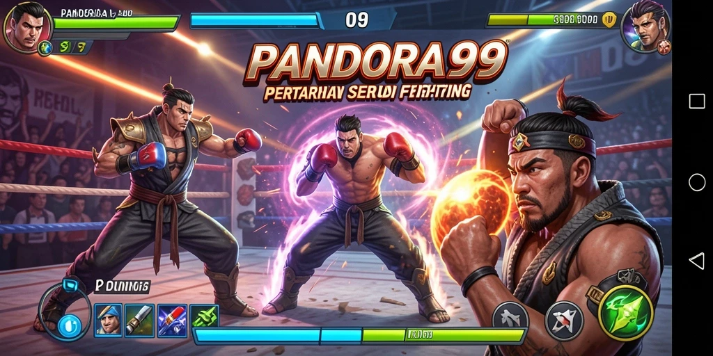 Screenshot gameplay PANDORA99 menampilkan pertarungan epik dengan karakter yang beragam.
