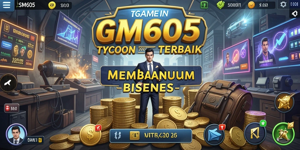 Screenshot gameplay SM605 menunjukkan aksi manajemen bisnis yang dinamis.